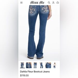 Miss Me Women's Mid Rise Fleur de Lis Pocket Bootcut Jeans. 34” Waist across